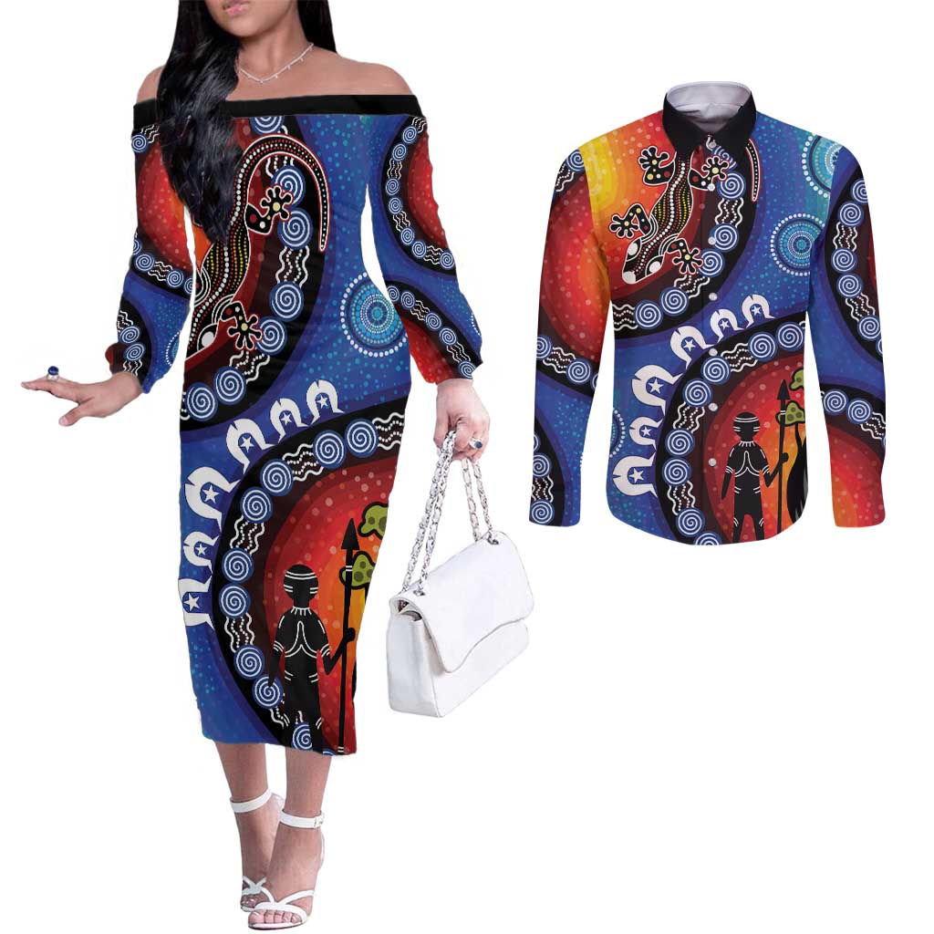 Honoring 50 Years NAIDOC Week 2025 Couples Matching Off The Shoulder Long Sleeve Dress and Long Sleeve Button Shirt