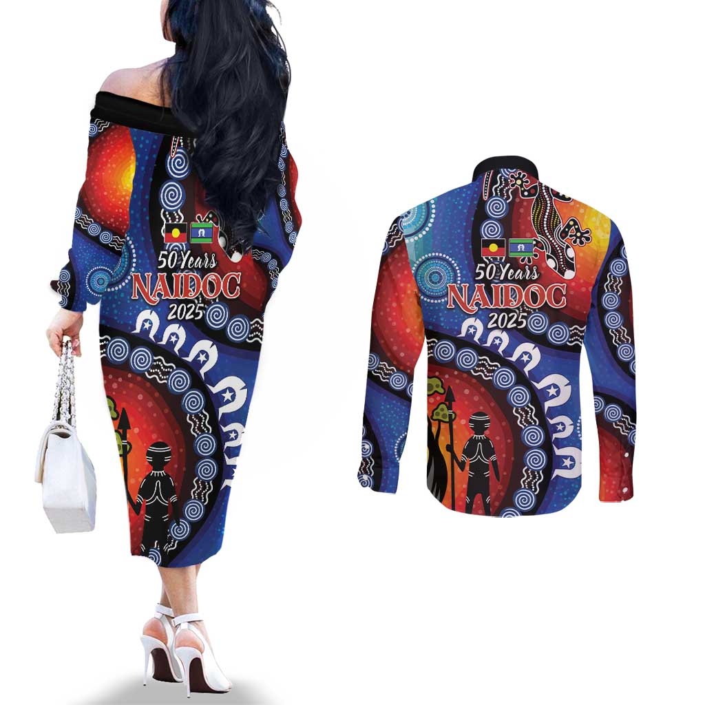Honoring 50 Years NAIDOC Week 2025 Couples Matching Off The Shoulder Long Sleeve Dress and Long Sleeve Button Shirt