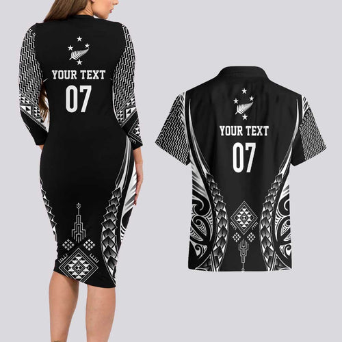 2025 Rugby Championship New Zealand Custom Couples Matching Long Sleeve Bodycon Dress and Hawaiian Shirt Poutama Motifs - Aussie Hoodie