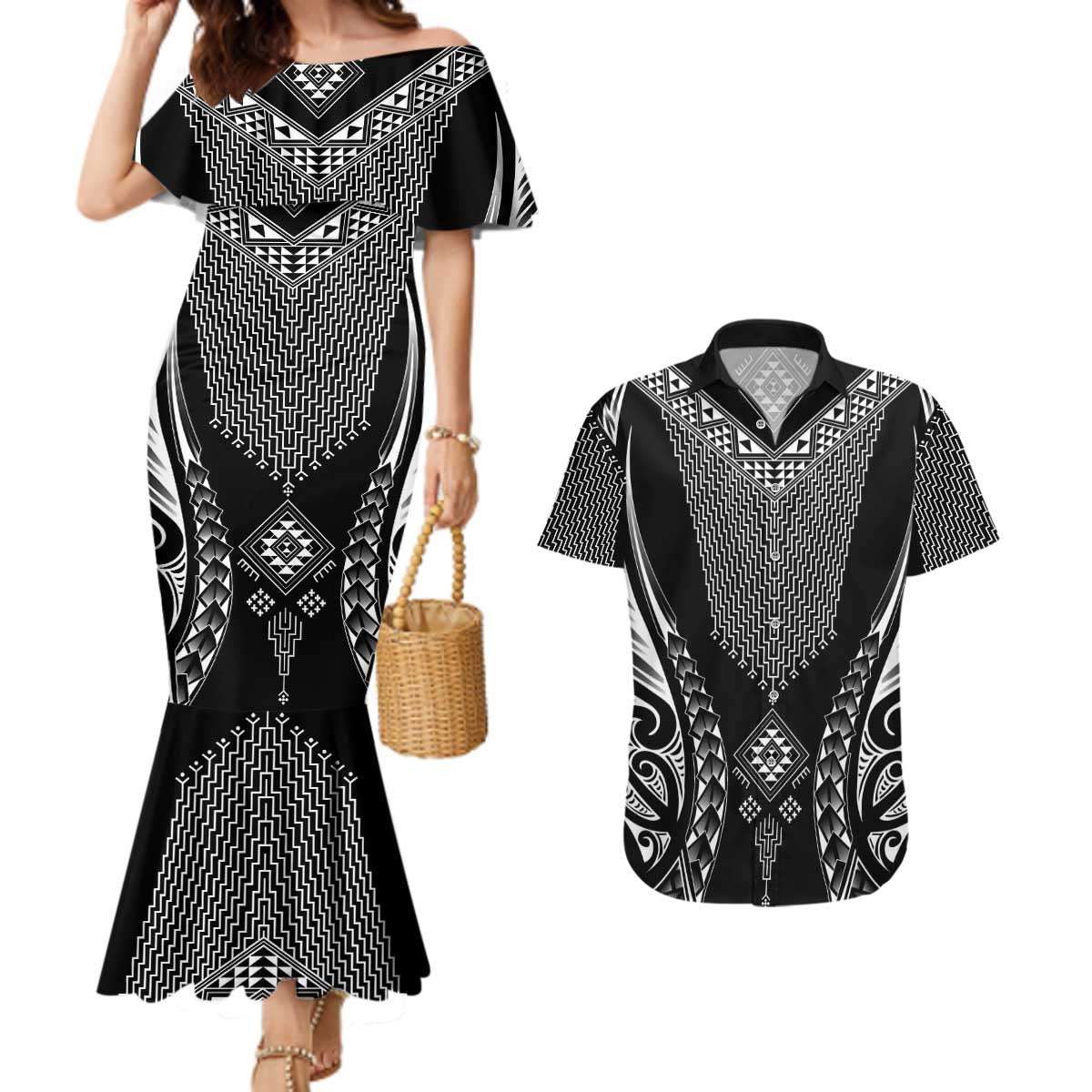 2025 Rugby Championship New Zealand Custom Couples Matching Mermaid Dress and Hawaiian Shirt Poutama Motifs - Aussie Hoodie