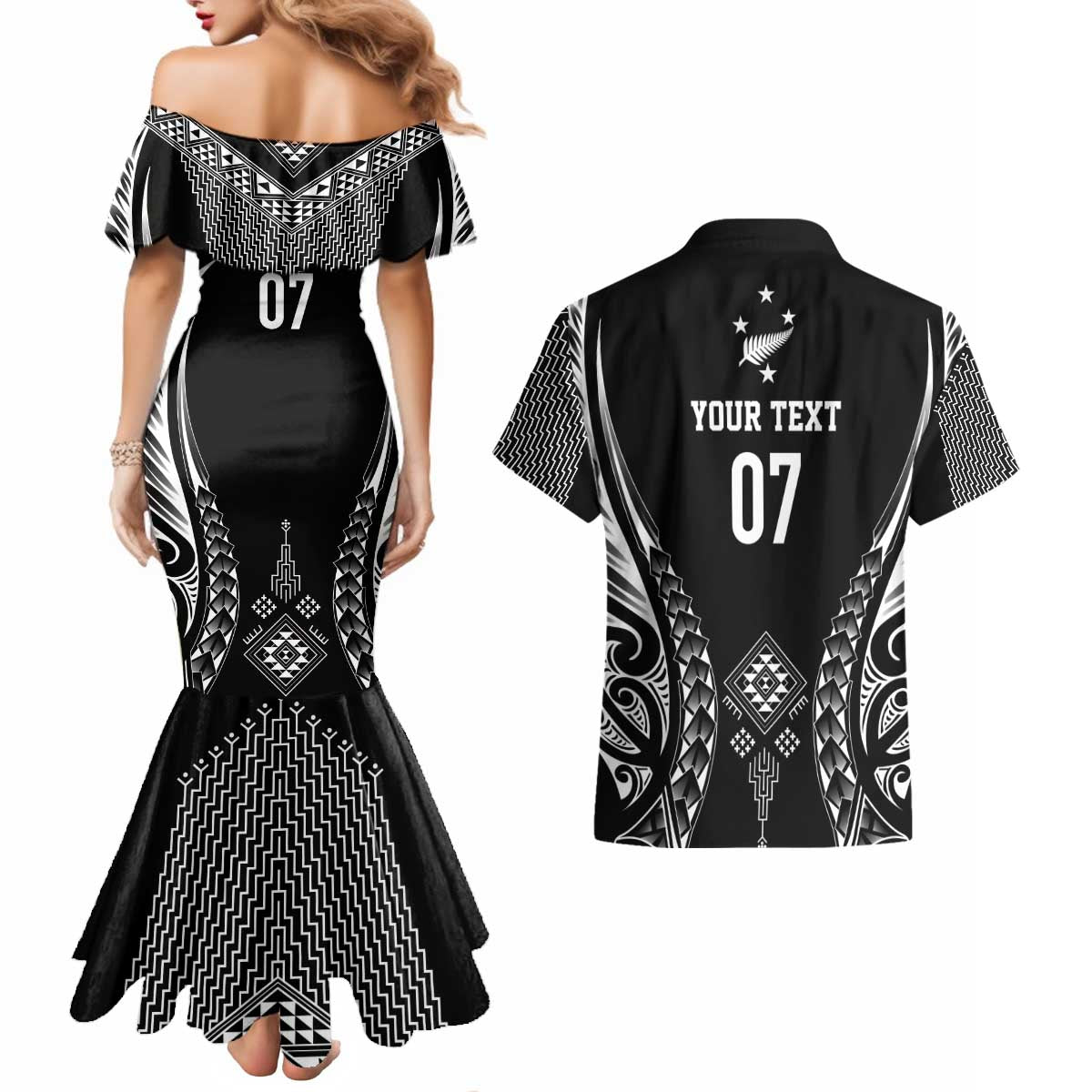2025 Rugby Championship New Zealand Custom Couples Matching Mermaid Dress and Hawaiian Shirt Poutama Motifs - Aussie Hoodie