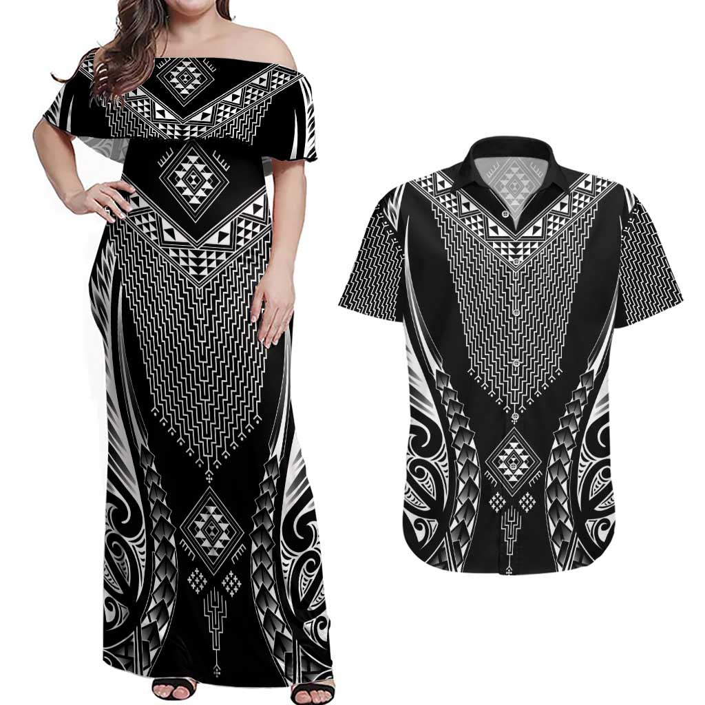 2025 Rugby Championship New Zealand Custom Couples Matching Off Shoulder Maxi Dress and Hawaiian Shirt Poutama Motifs - Aussie Hoodie
