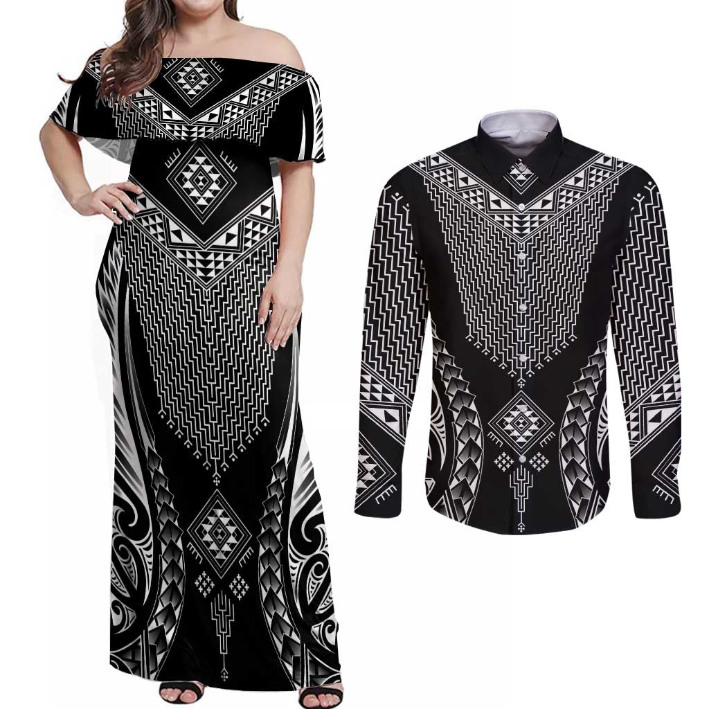 2025 Rugby Championship New Zealand Custom Couples Matching Off Shoulder Maxi Dress and Long Sleeve Button Shirt Poutama Motifs - Aussie Hoodie