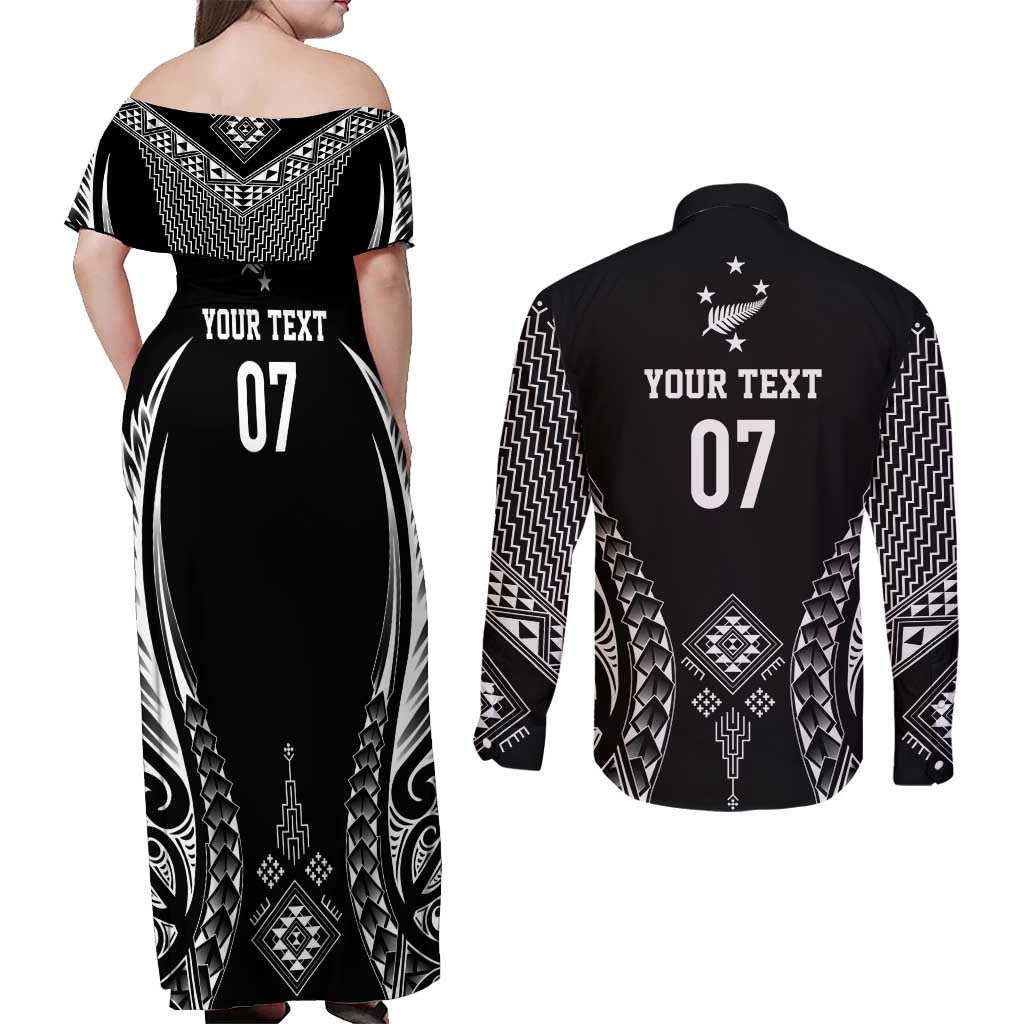 2025 Rugby Championship New Zealand Custom Couples Matching Off Shoulder Maxi Dress and Long Sleeve Button Shirt Poutama Motifs - Aussie Hoodie
