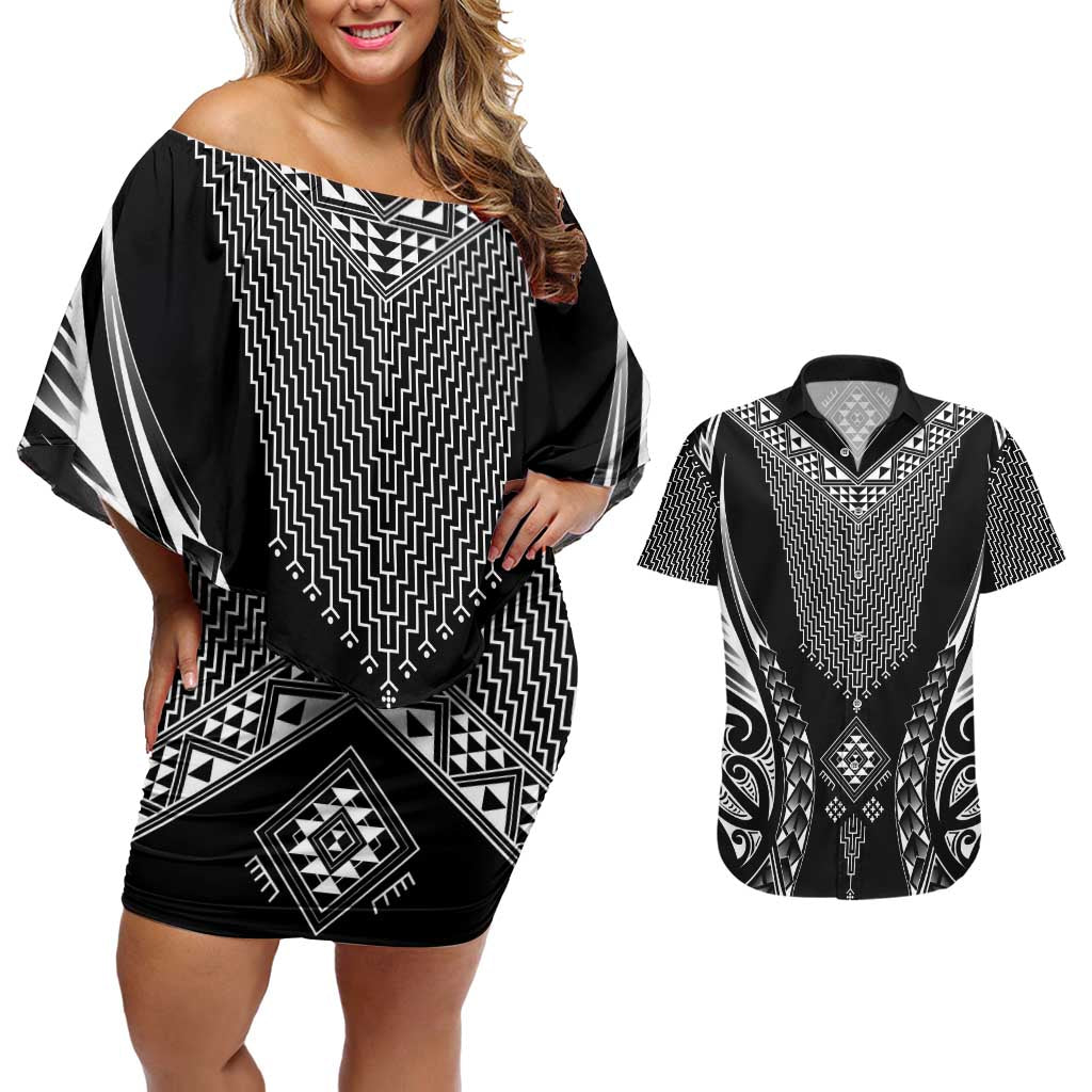 2025 Rugby Championship New Zealand Custom Couples Matching Off Shoulder Short Dress and Hawaiian Shirt Poutama Motifs - Aussie Hoodie
