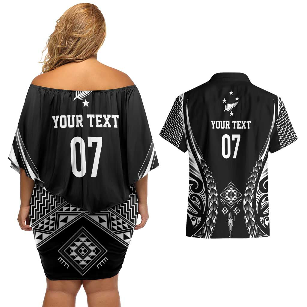 2025 Rugby Championship New Zealand Custom Couples Matching Off Shoulder Short Dress and Hawaiian Shirt Poutama Motifs - Aussie Hoodie