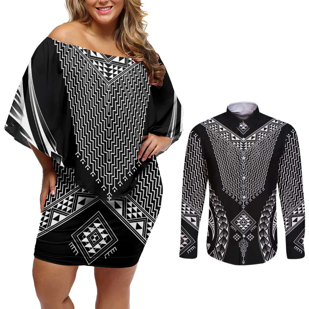 2025 Rugby Championship New Zealand Custom Couples Matching Off Shoulder Short Dress and Long Sleeve Button Shirt Poutama Motifs - Aussie Hoodie