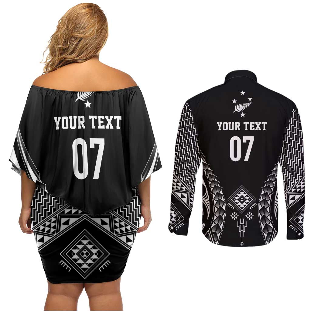2025 Rugby Championship New Zealand Custom Couples Matching Off Shoulder Short Dress and Long Sleeve Button Shirt Poutama Motifs - Aussie Hoodie
