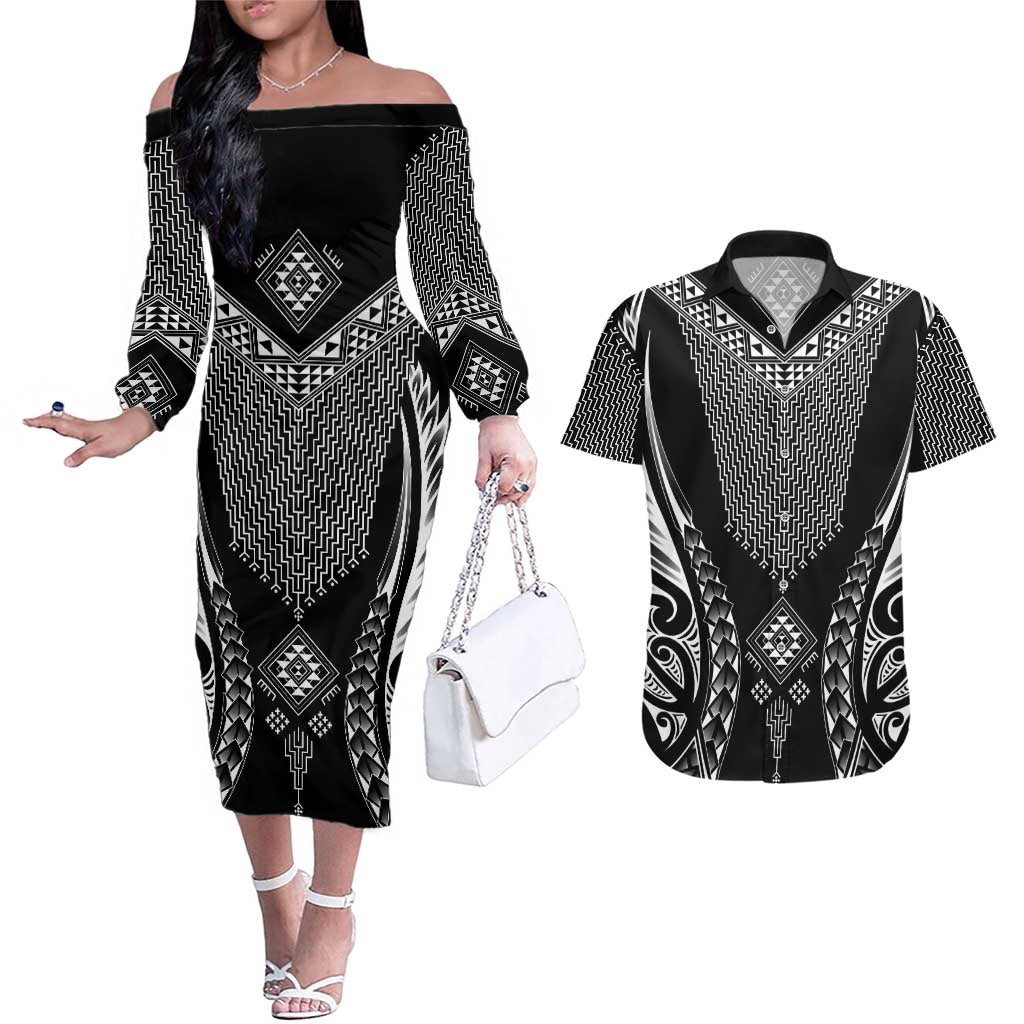 2025 Rugby Championship New Zealand Custom Couples Matching Off The Shoulder Long Sleeve Dress and Hawaiian Shirt Poutama Motifs - Aussie Hoodie