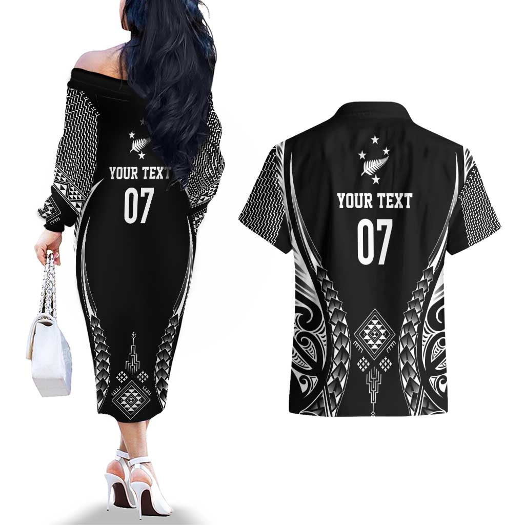 2025 Rugby Championship New Zealand Custom Couples Matching Off The Shoulder Long Sleeve Dress and Hawaiian Shirt Poutama Motifs - Aussie Hoodie