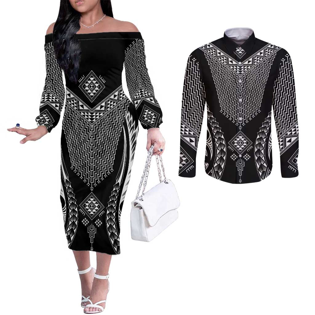 2025 Rugby Championship New Zealand Custom Couples Matching Off The Shoulder Long Sleeve Dress and Long Sleeve Button Shirt Poutama Motifs - Aussie Hoodie