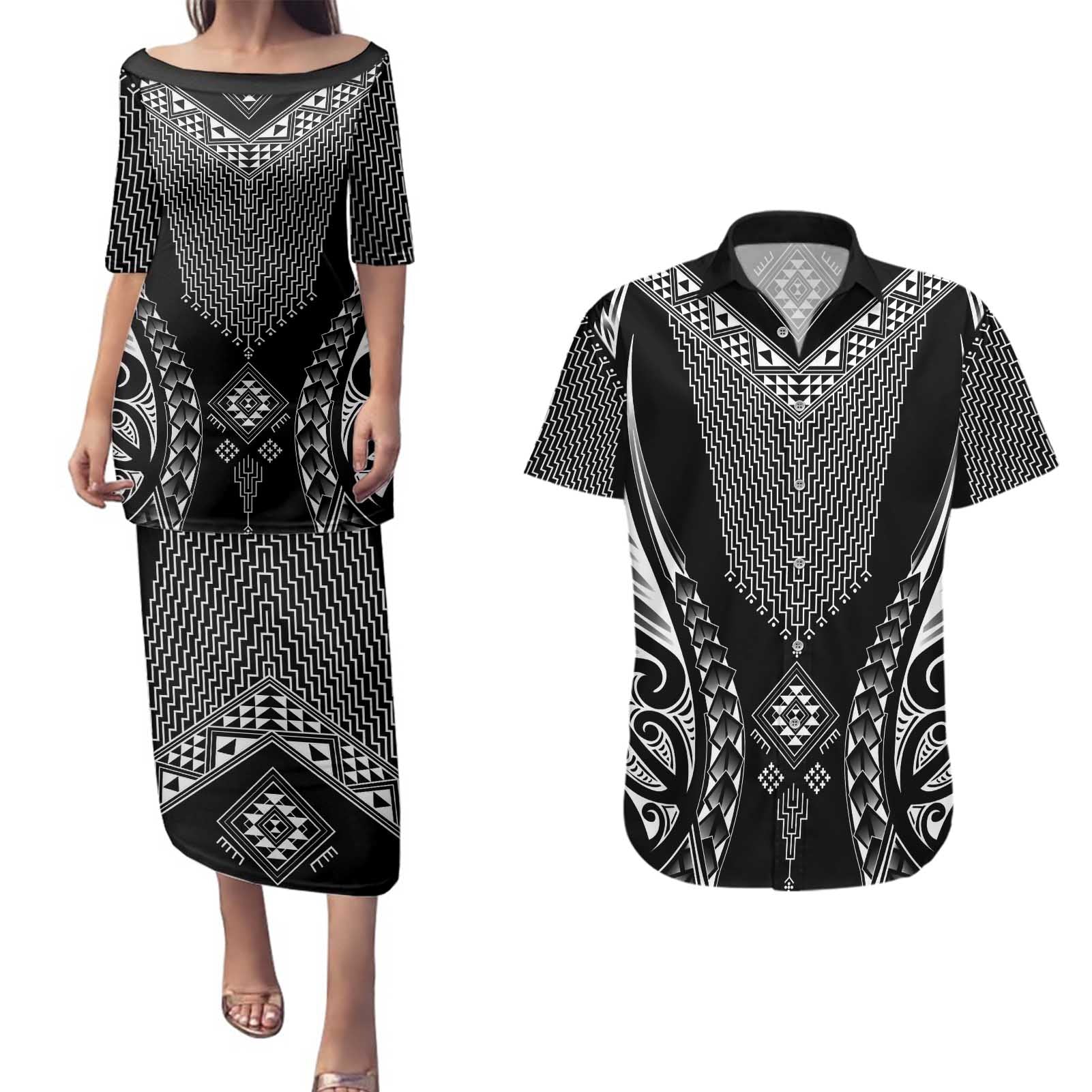 2025 Rugby Championship New Zealand Custom Couples Matching Puletasi and Hawaiian Shirt Poutama Motifs - Aussie Hoodie