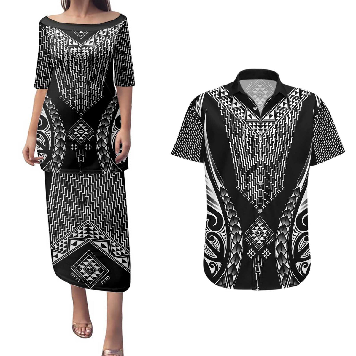 2025 Rugby Championship New Zealand Custom Couples Matching Puletasi and Hawaiian Shirt Poutama Motifs - Aussie Hoodie