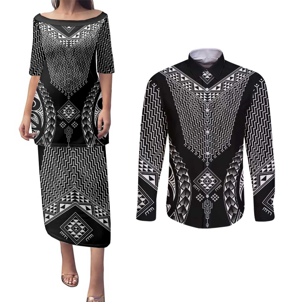 2025 Rugby Championship New Zealand Custom Couples Matching Puletasi and Long Sleeve Button Shirt Poutama Motifs - Aussie Hoodie