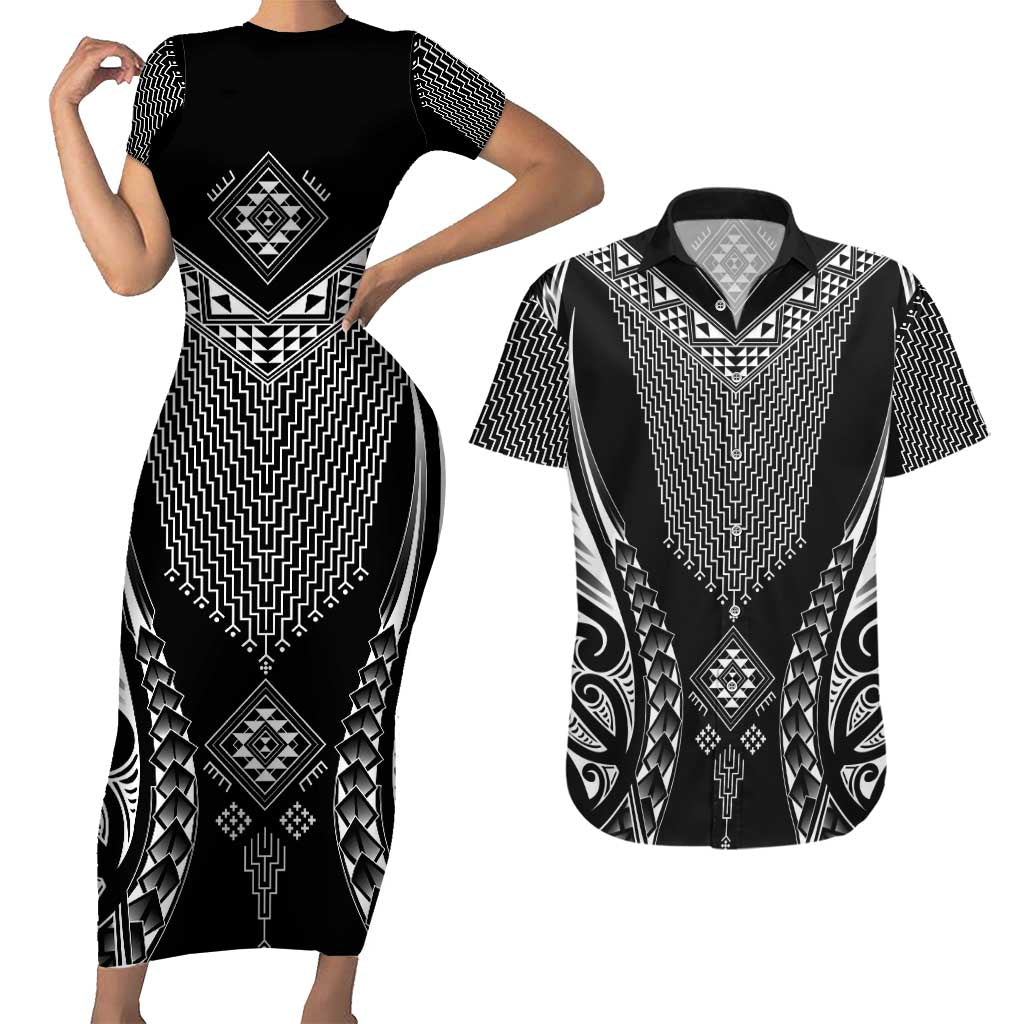 2025 Rugby Championship New Zealand Custom Couples Matching Short Sleeve Bodycon Dress and Hawaiian Shirt Poutama Motifs - Aussie Hoodie