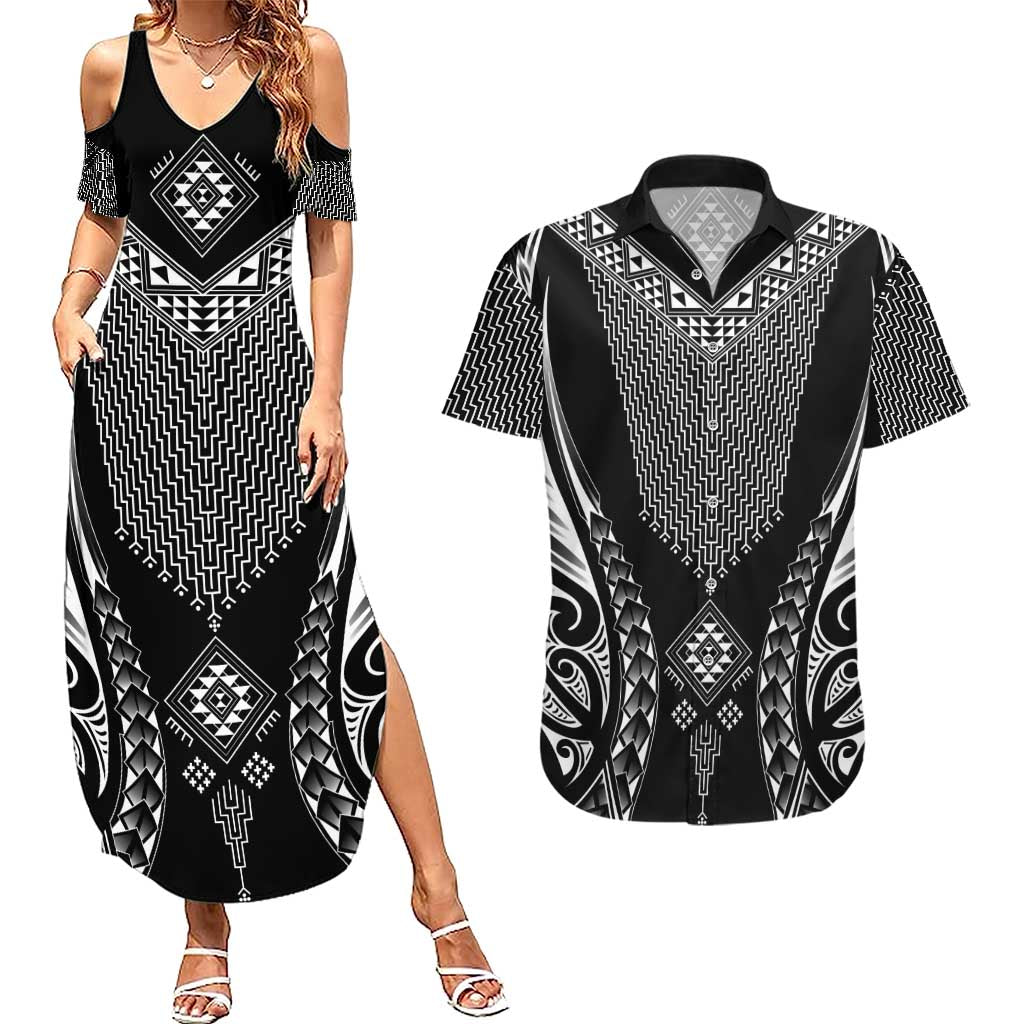 2025 Rugby Championship New Zealand Custom Couples Matching Summer Maxi Dress and Hawaiian Shirt Poutama Motifs - Aussie Hoodie