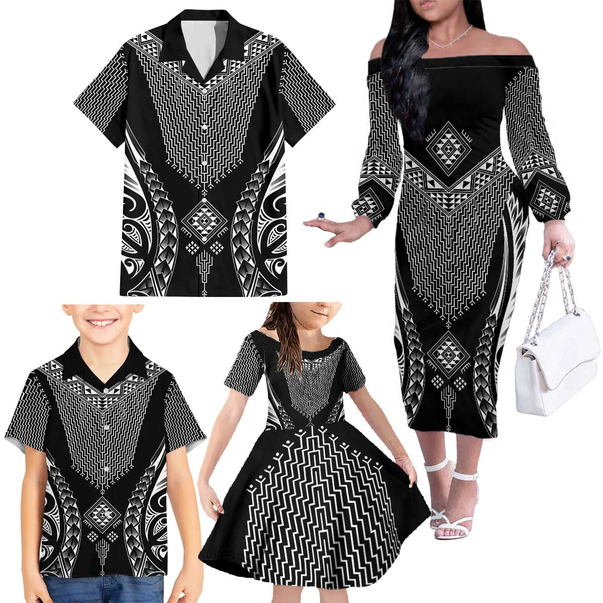 2025 Rugby Championship New Zealand Custom Family Matching Off The Shoulder Long Sleeve Dress and Hawaiian Shirt Poutama Motifs - Aussie Hoodie