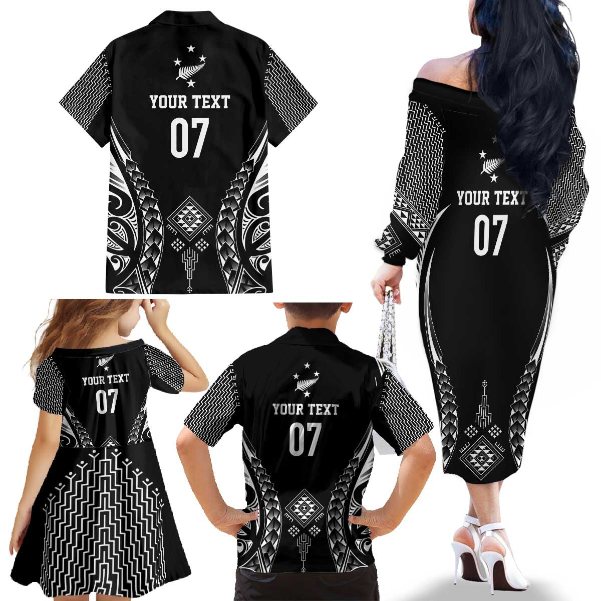 2025 Rugby Championship New Zealand Custom Family Matching Off The Shoulder Long Sleeve Dress and Hawaiian Shirt Poutama Motifs - Aussie Hoodie