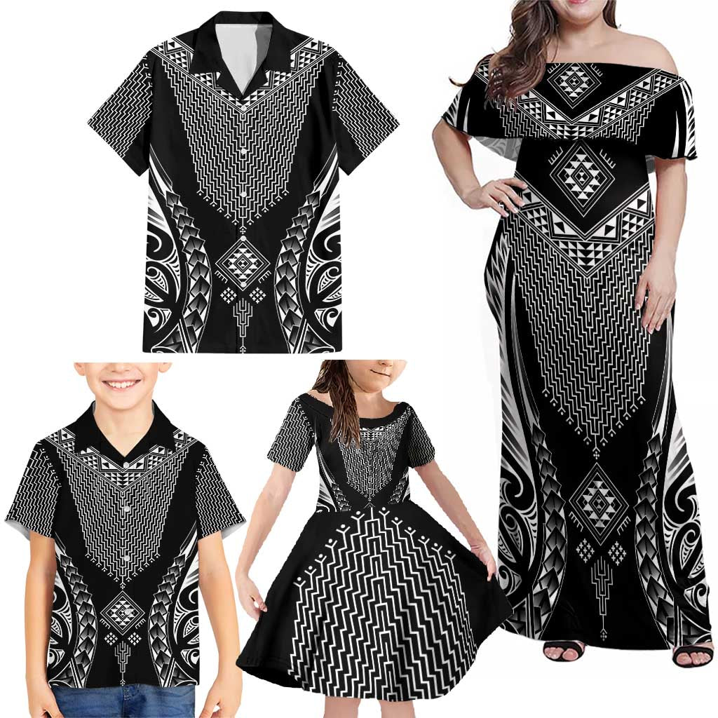 2025 Rugby Championship New Zealand Custom Family Matching Off Shoulder Maxi Dress and Hawaiian Shirt Poutama Motifs - Aussie Hoodie