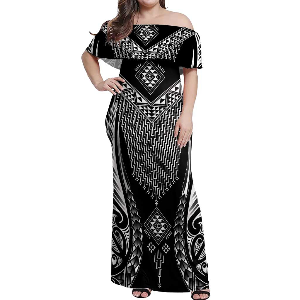 2025 Rugby Championship New Zealand Custom Off Shoulder Maxi Dress Poutama Motifs - Aussie Hoodie