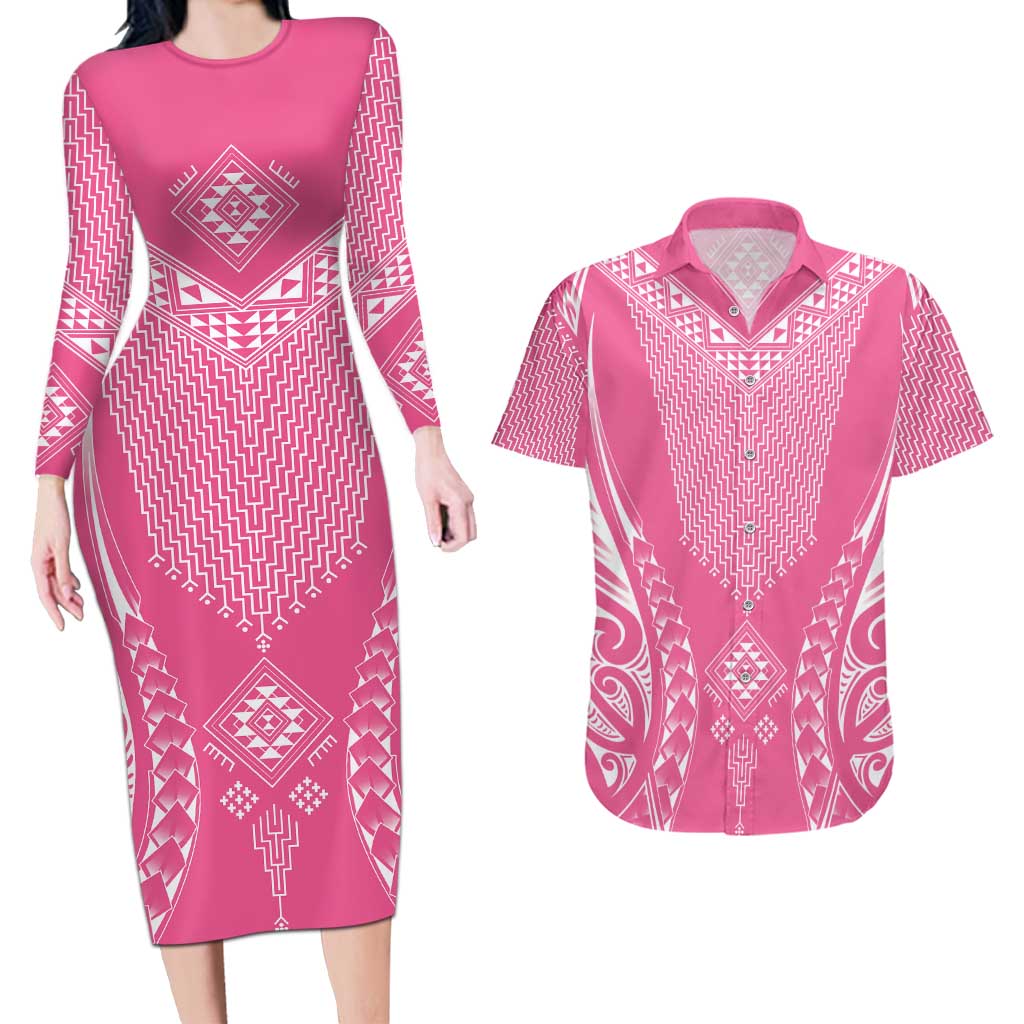 2025 Rugby Championship New Zealand Custom Couples Matching Long Sleeve Bodycon Dress and Hawaiian Shirt Poutama Motifs - Pink Out - Aussie Hoodie