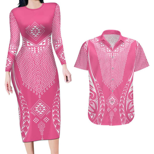 2025 Rugby Championship New Zealand Custom Couples Matching Long Sleeve Bodycon Dress and Hawaiian Shirt Poutama Motifs - Pink Out - Aussie Hoodie