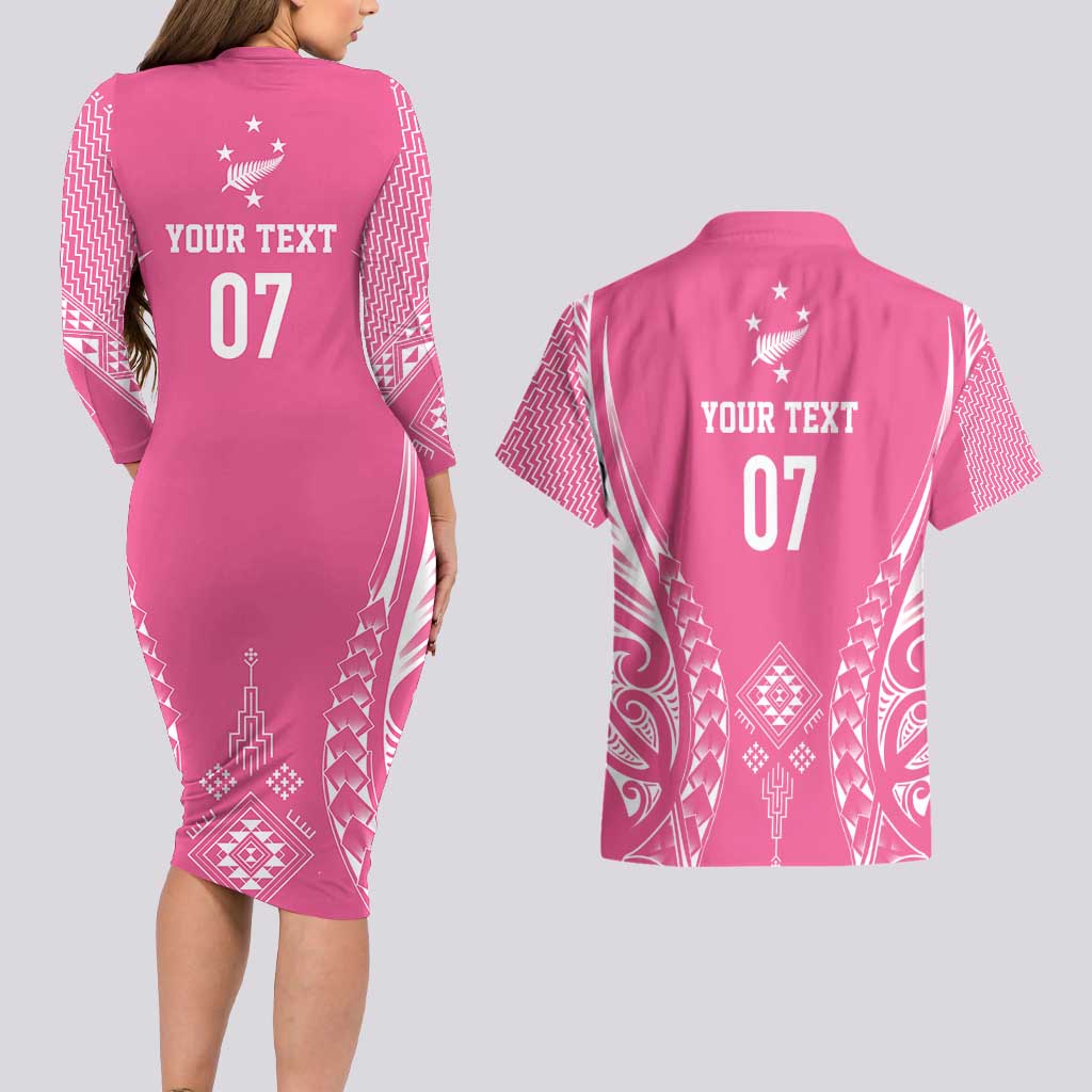 2025 Rugby Championship New Zealand Custom Couples Matching Long Sleeve Bodycon Dress and Hawaiian Shirt Poutama Motifs - Pink Out - Aussie Hoodie