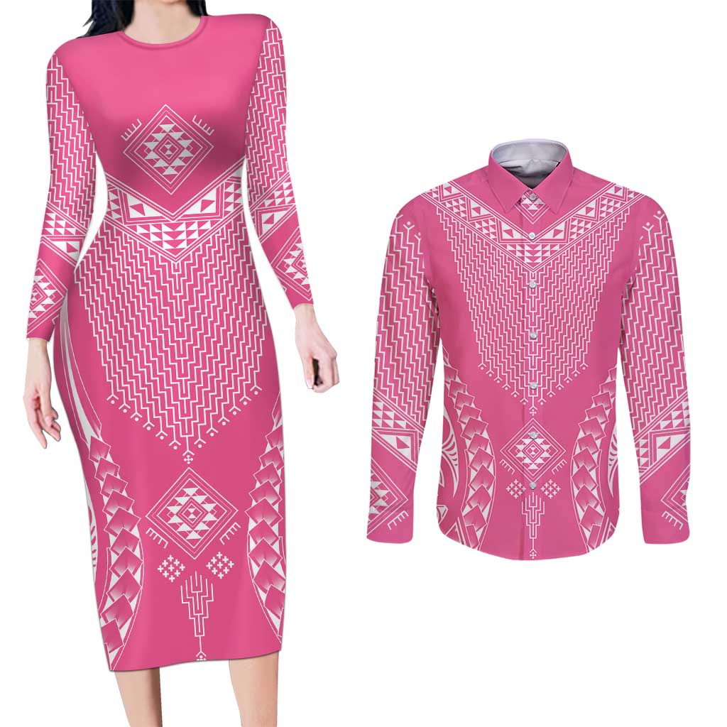 2025 Rugby Championship New Zealand Custom Couples Matching Long Sleeve Bodycon Dress and Long Sleeve Button Shirt Poutama Motifs - Pink Out - Aussie Hoodie
