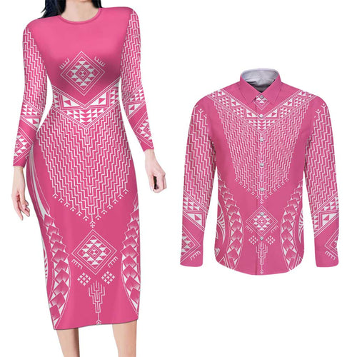 2025 Rugby Championship New Zealand Custom Couples Matching Long Sleeve Bodycon Dress and Long Sleeve Button Shirt Poutama Motifs - Pink Out - Aussie Hoodie