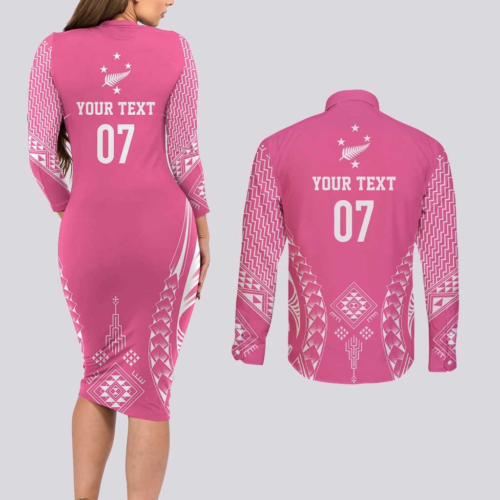 2025 Rugby Championship New Zealand Custom Couples Matching Long Sleeve Bodycon Dress and Long Sleeve Button Shirt Poutama Motifs - Pink Out - Aussie Hoodie