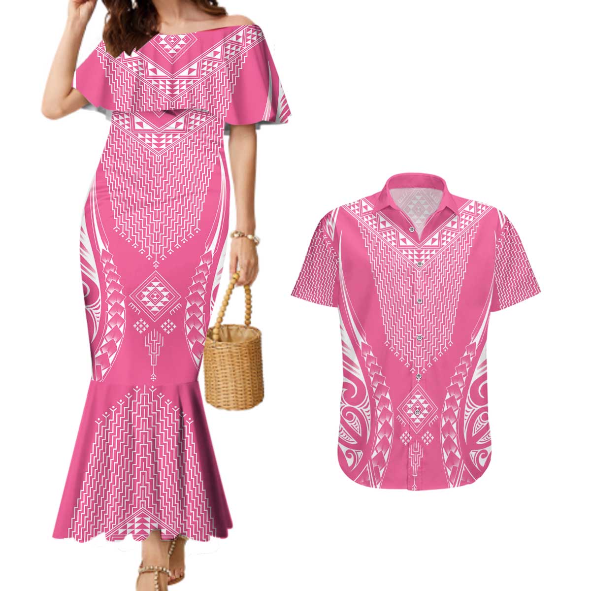 2025 Rugby Championship New Zealand Custom Couples Matching Mermaid Dress and Hawaiian Shirt Poutama Motifs - Pink Out - Aussie Hoodie