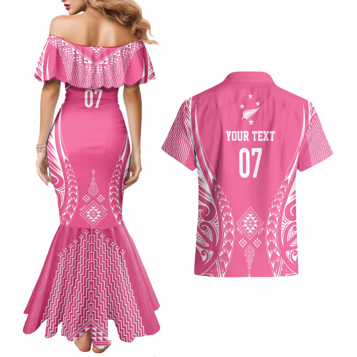 2025 Rugby Championship New Zealand Custom Couples Matching Mermaid Dress and Hawaiian Shirt Poutama Motifs - Pink Out - Aussie Hoodie
