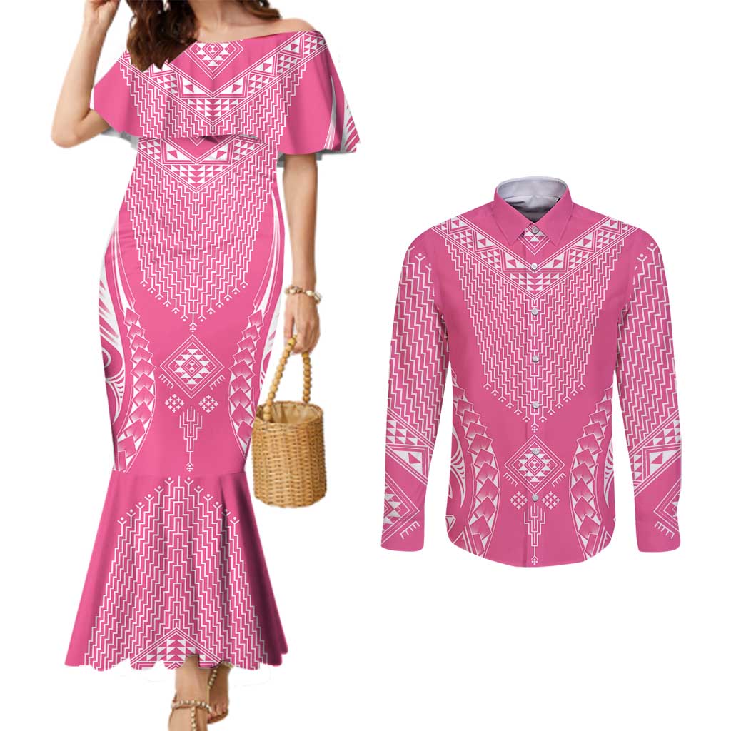 2025 Rugby Championship New Zealand Custom Couples Matching Mermaid Dress and Long Sleeve Button Shirt Poutama Motifs - Pink Out - Aussie Hoodie