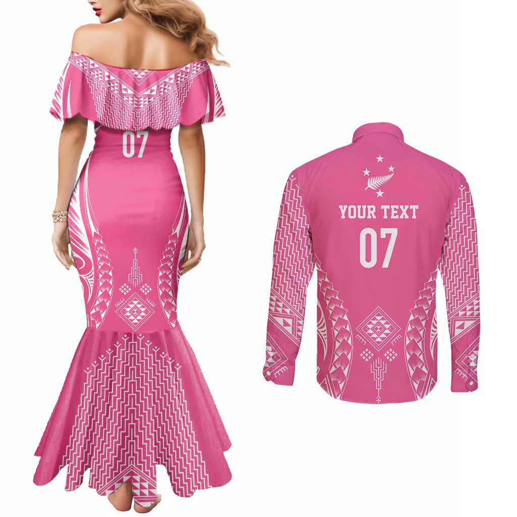 2025 Rugby Championship New Zealand Custom Couples Matching Mermaid Dress and Long Sleeve Button Shirt Poutama Motifs - Pink Out - Aussie Hoodie