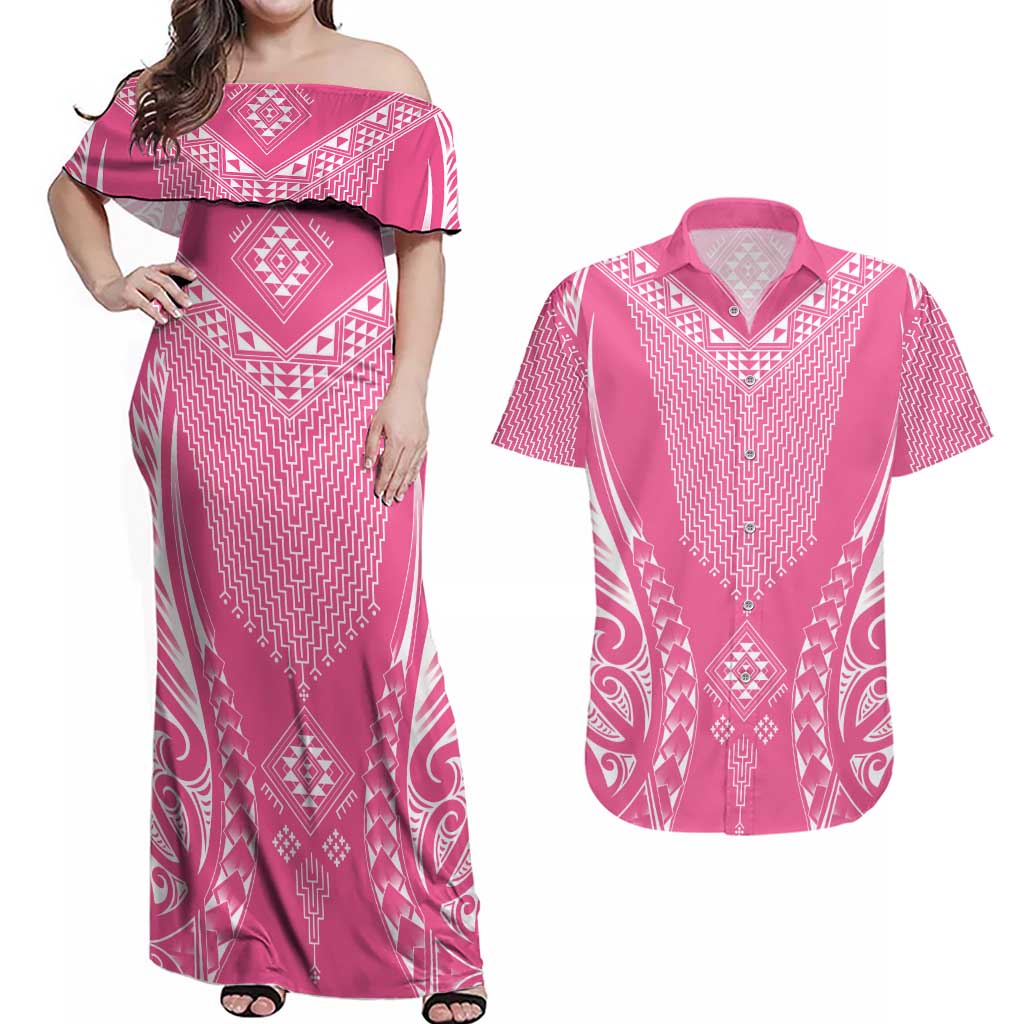 2025 Rugby Championship New Zealand Custom Couples Matching Off Shoulder Maxi Dress and Hawaiian Shirt Poutama Motifs - Pink Out - Aussie Hoodie