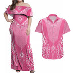 2025 Rugby Championship New Zealand Custom Couples Matching Off Shoulder Maxi Dress and Hawaiian Shirt Poutama Motifs - Pink Out - Aussie Hoodie