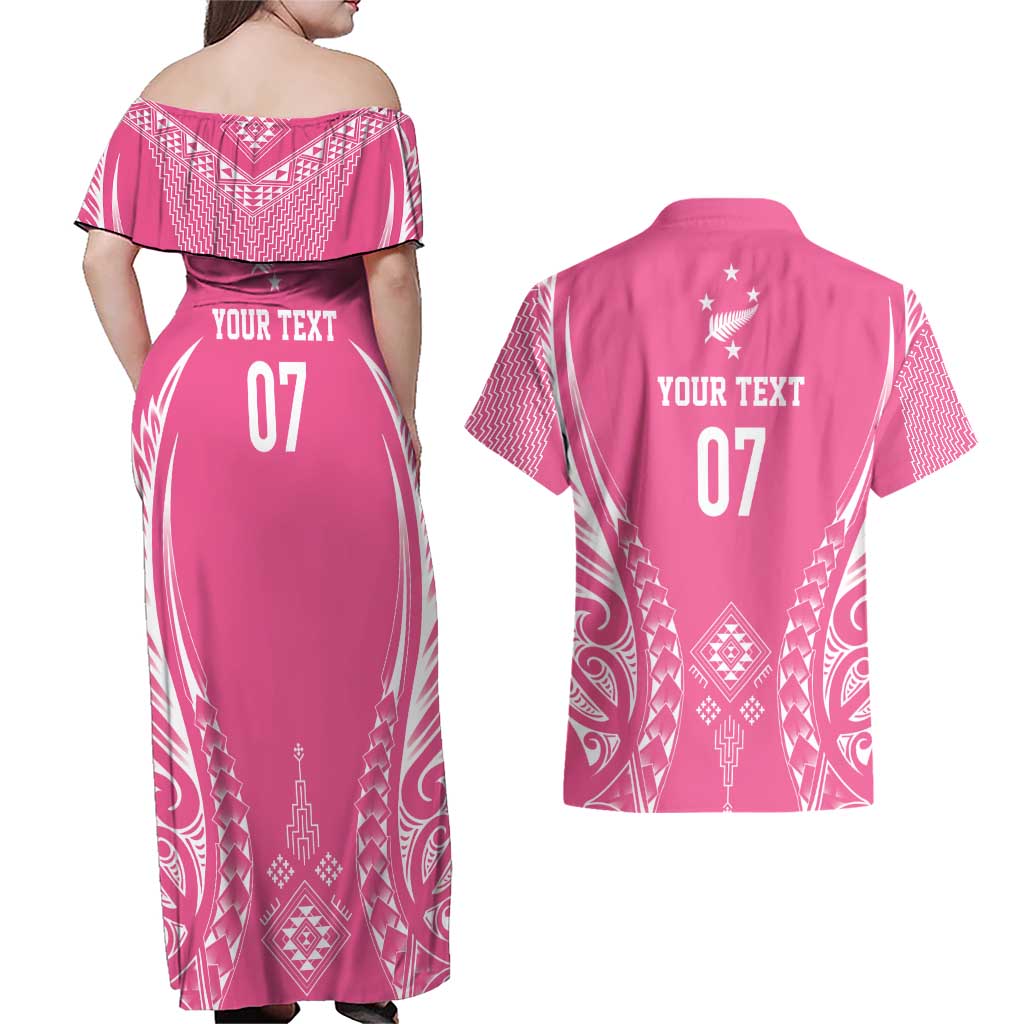 2025 Rugby Championship New Zealand Custom Couples Matching Off Shoulder Maxi Dress and Hawaiian Shirt Poutama Motifs - Pink Out - Aussie Hoodie