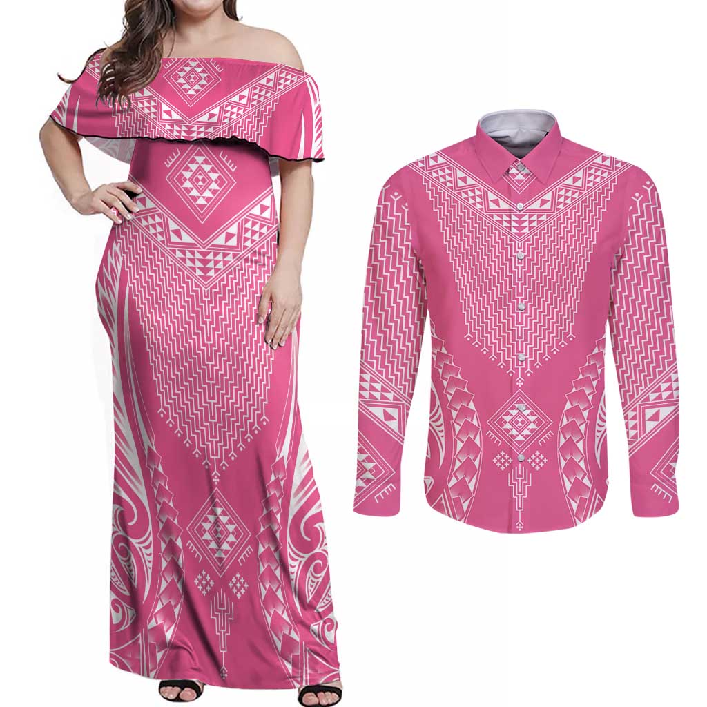 2025 Rugby Championship New Zealand Custom Couples Matching Off Shoulder Maxi Dress and Long Sleeve Button Shirt Poutama Motifs - Pink Out - Aussie Hoodie
