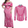 2025 Rugby Championship New Zealand Custom Couples Matching Off Shoulder Maxi Dress and Long Sleeve Button Shirt Poutama Motifs - Pink Out - Aussie Hoodie