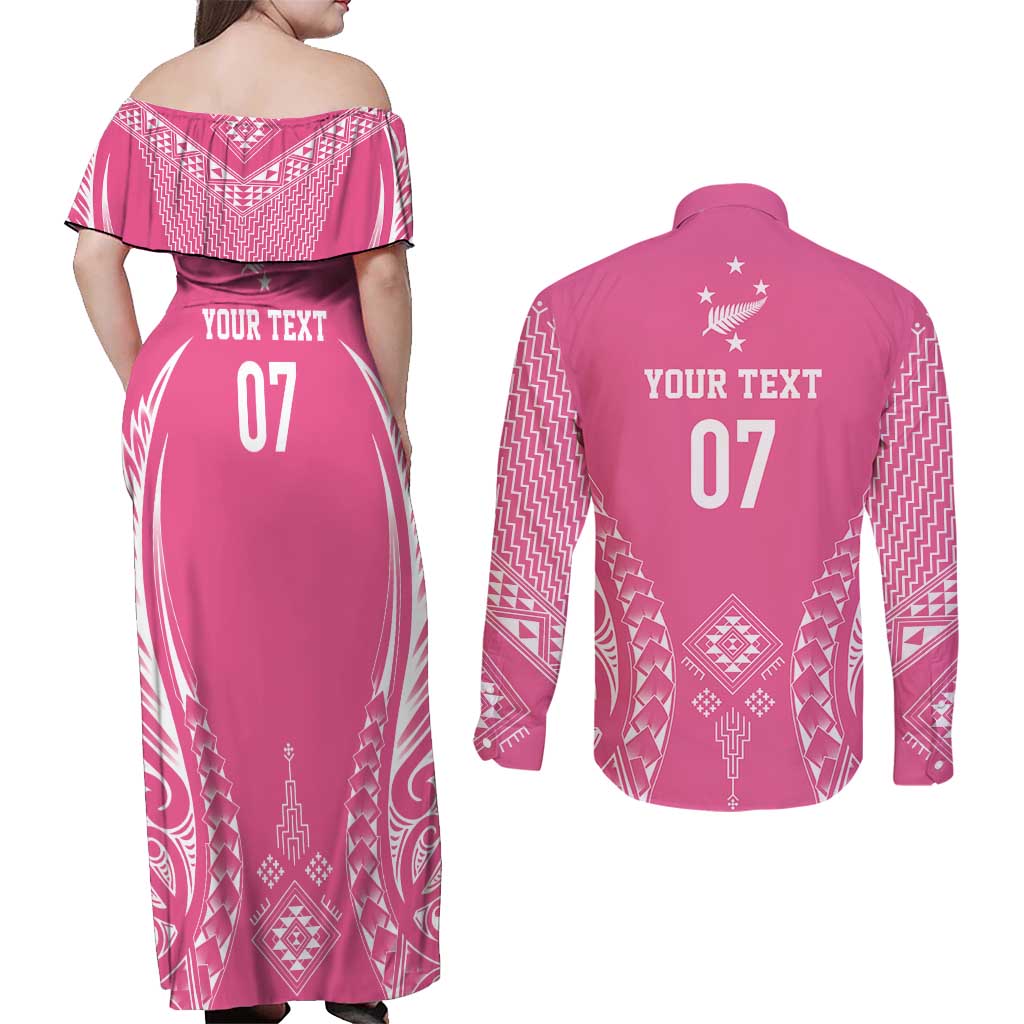 2025 Rugby Championship New Zealand Custom Couples Matching Off Shoulder Maxi Dress and Long Sleeve Button Shirt Poutama Motifs - Pink Out - Aussie Hoodie