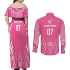 2025 Rugby Championship New Zealand Custom Couples Matching Off Shoulder Maxi Dress and Long Sleeve Button Shirt Poutama Motifs - Pink Out - Aussie Hoodie