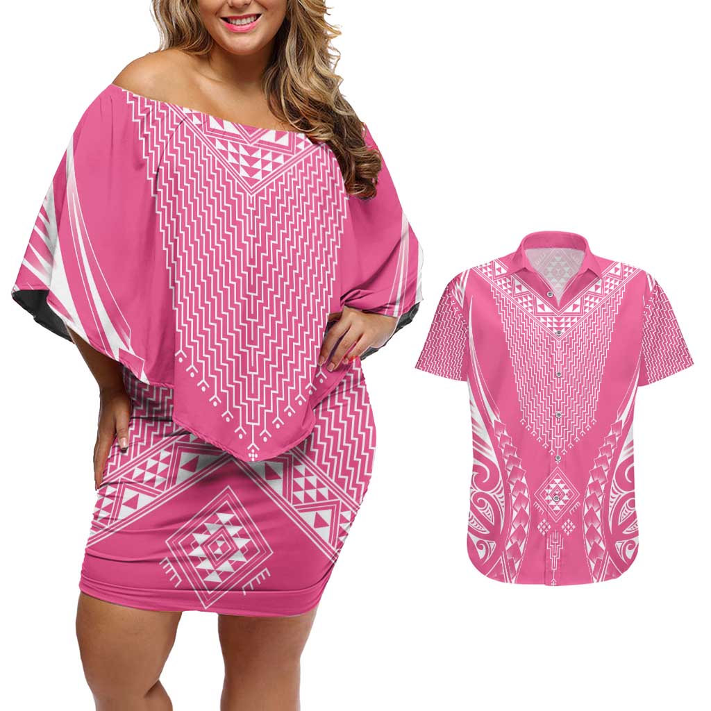 2025 Rugby Championship New Zealand Custom Couples Matching Off Shoulder Short Dress and Hawaiian Shirt Poutama Motifs - Pink Out - Aussie Hoodie