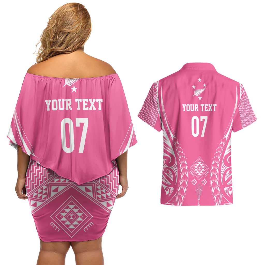 2025 Rugby Championship New Zealand Custom Couples Matching Off Shoulder Short Dress and Hawaiian Shirt Poutama Motifs - Pink Out - Aussie Hoodie