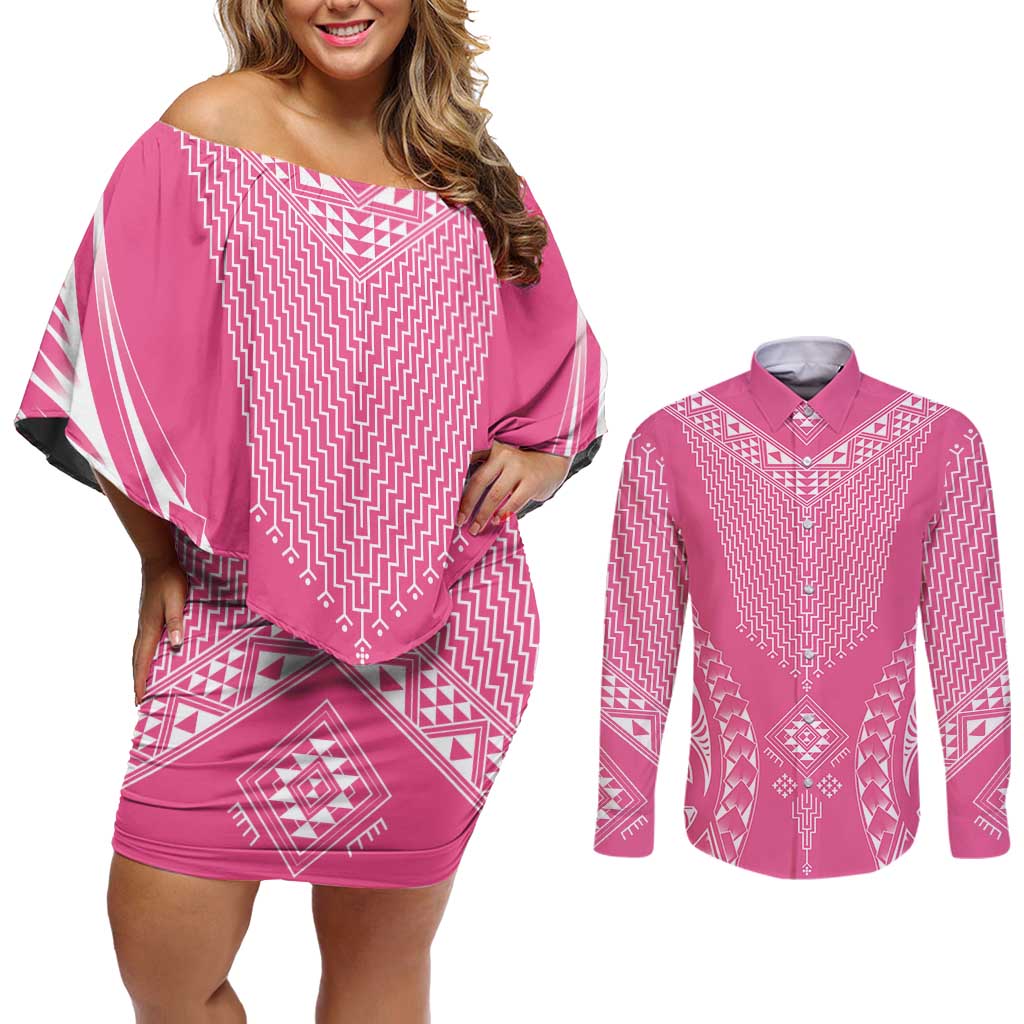 2025 Rugby Championship New Zealand Custom Couples Matching Off Shoulder Short Dress and Long Sleeve Button Shirt Poutama Motifs - Pink Out - Aussie Hoodie