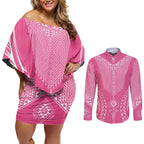 2025 Rugby Championship New Zealand Custom Couples Matching Off Shoulder Short Dress and Long Sleeve Button Shirt Poutama Motifs - Pink Out - Aussie Hoodie
