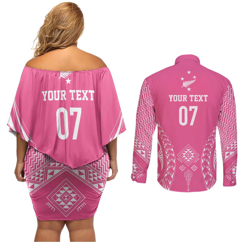 2025 Rugby Championship New Zealand Custom Couples Matching Off Shoulder Short Dress and Long Sleeve Button Shirt Poutama Motifs - Pink Out - Aussie Hoodie