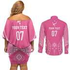 2025 Rugby Championship New Zealand Custom Couples Matching Off Shoulder Short Dress and Long Sleeve Button Shirt Poutama Motifs - Pink Out - Aussie Hoodie