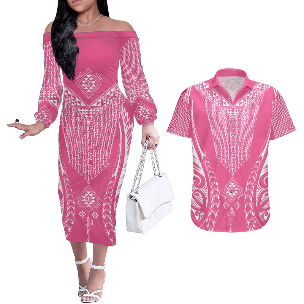 2025 Rugby Championship New Zealand Custom Couples Matching Off The Shoulder Long Sleeve Dress and Hawaiian Shirt Poutama Motifs - Pink Out - Aussie Hoodie