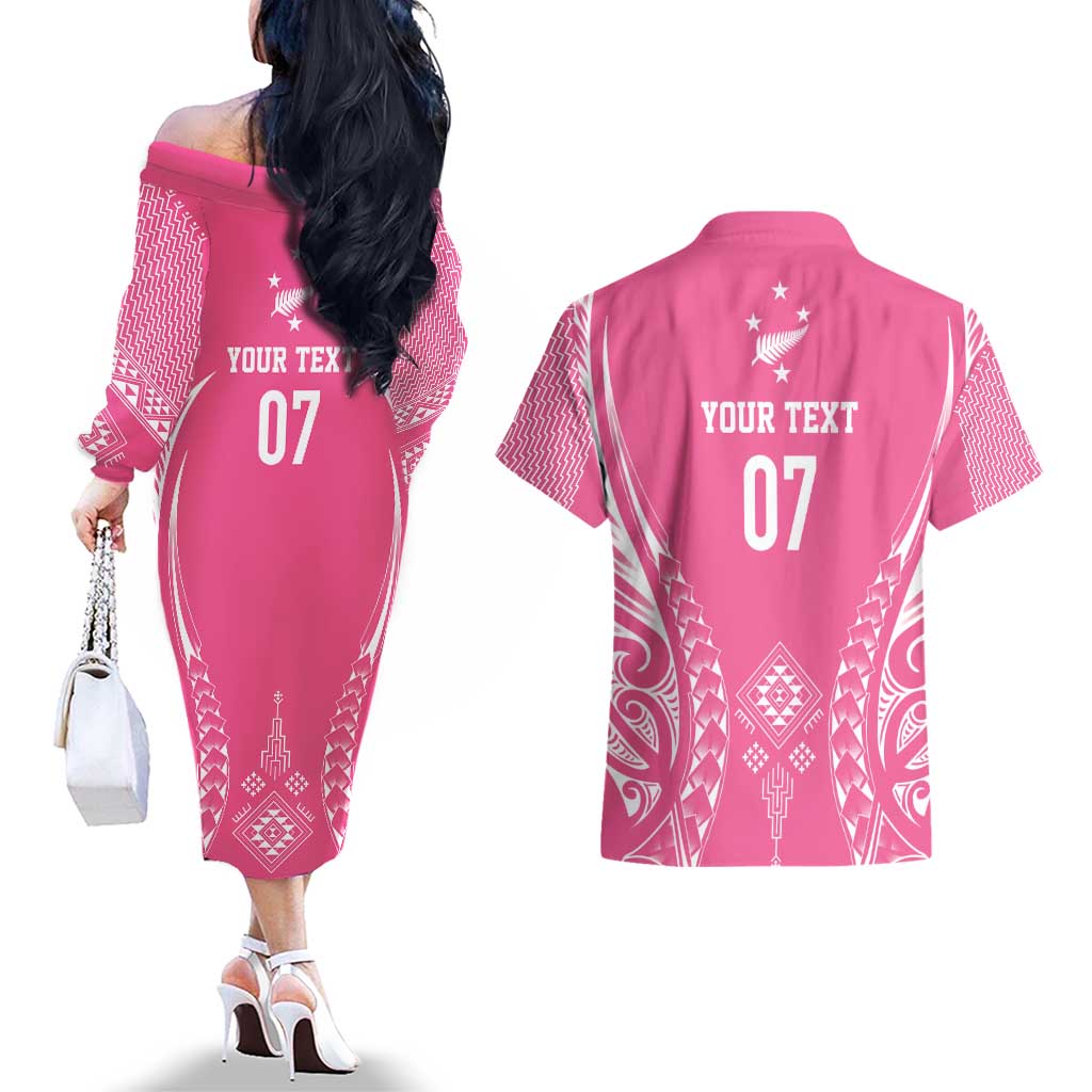 2025 Rugby Championship New Zealand Custom Couples Matching Off The Shoulder Long Sleeve Dress and Hawaiian Shirt Poutama Motifs - Pink Out - Aussie Hoodie