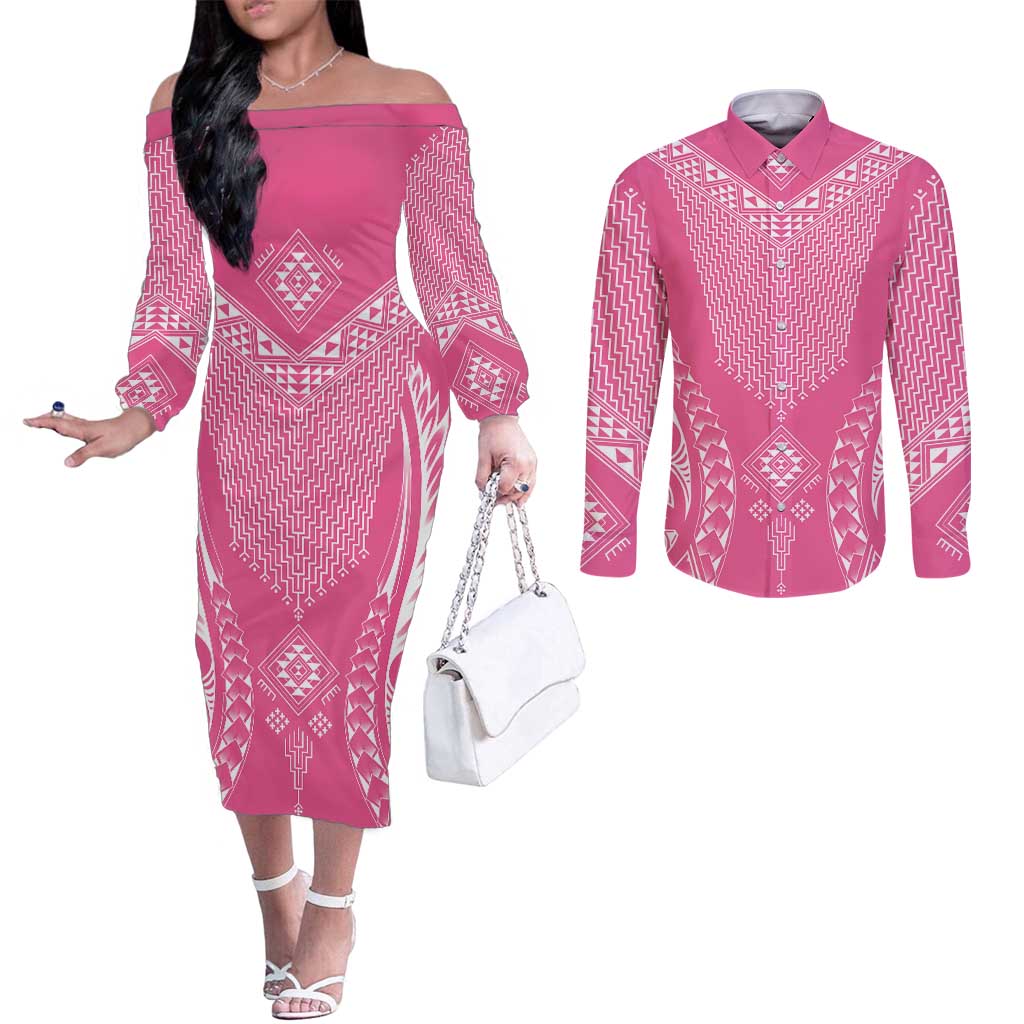 2025 Rugby Championship New Zealand Custom Couples Matching Off The Shoulder Long Sleeve Dress and Long Sleeve Button Shirt Poutama Motifs - Pink Out - Aussie Hoodie